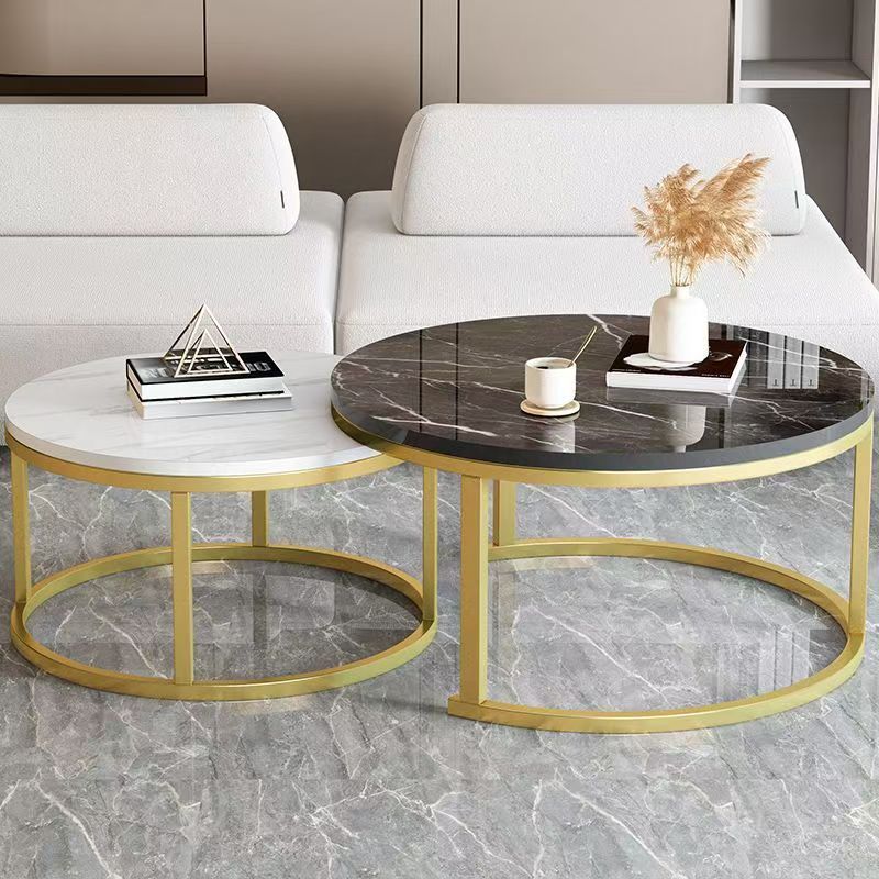 Modern Nesting Coffee Table Set, Round Marble Pattern Top with Black Metal Frame, Minimalist Side Table for Living Room