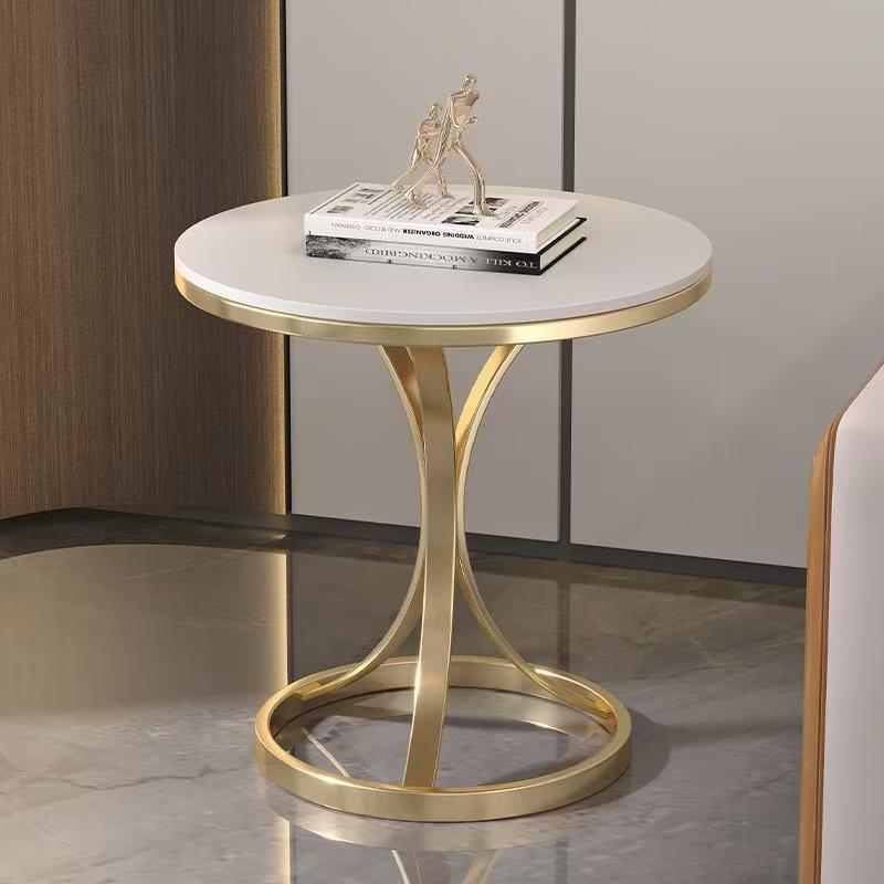 Modern Minimalist Side Table, Round Marble Top with Crossed Gold Metal Base, Accent End Table for Living Room Bedroom